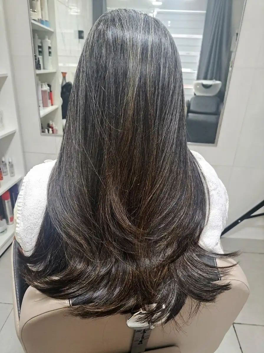 Resultado de escova com luzes em cabelo longo